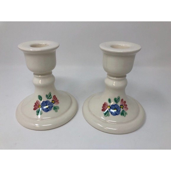 White Taper Candle Candlestick Holder Blue Pink Floral Design Pedestal Set of 2 - Picture 8 of 9